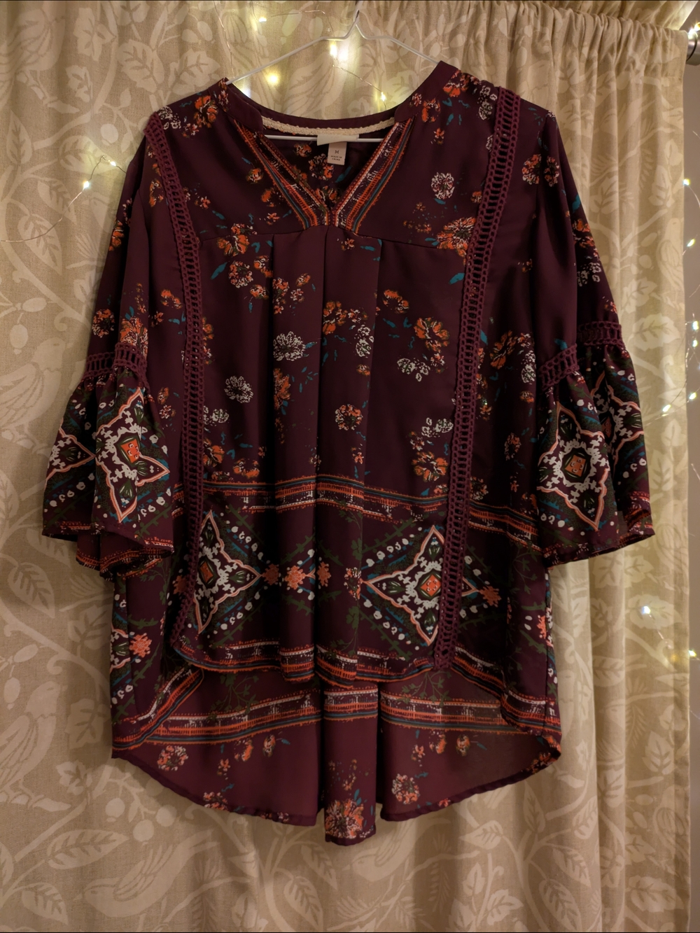 Knox Rose Plum Floral Crochet-Trim Boho Blouse